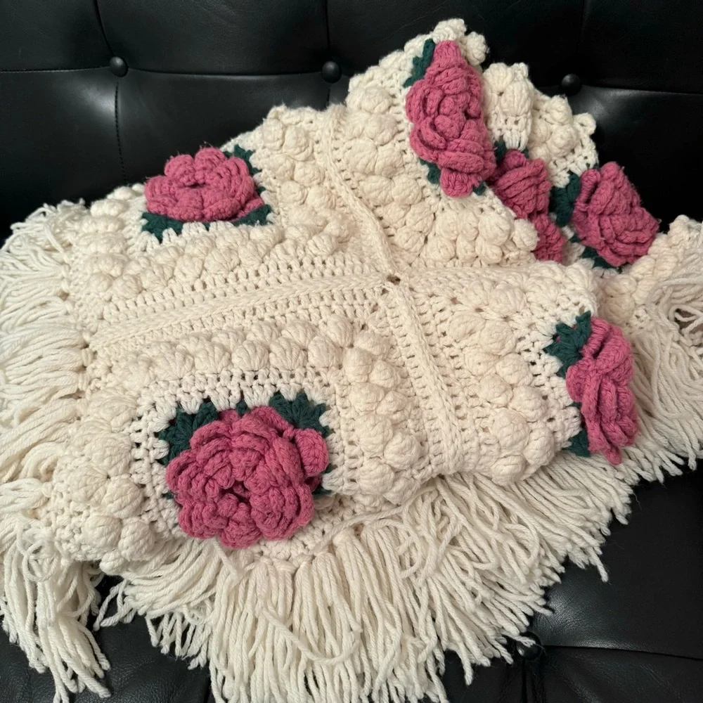Cream and Rose Popcorn Granny Handmade Crocheted Afghan